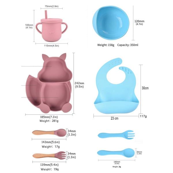 Squirrel 100% Silicone Plates And Bowls Bib Set 8 Piece Eco Friendly