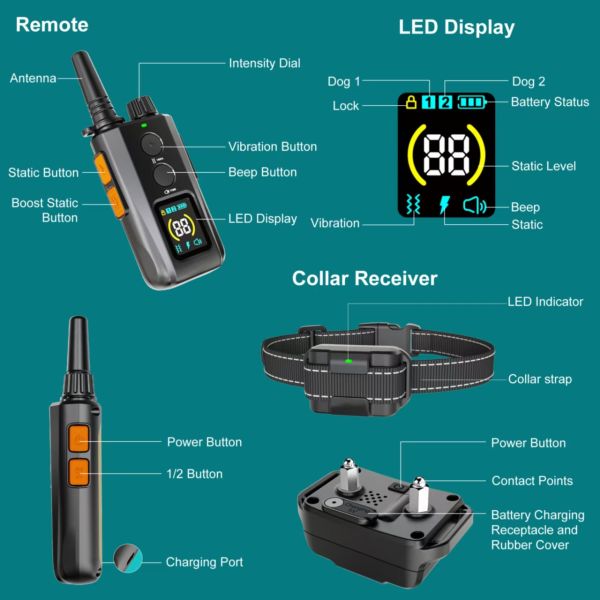 Intelligent Remote Control Electric Shock Collar Adjustable Color Screen Waterproof IPX7 Pet Training Supplies for Dog