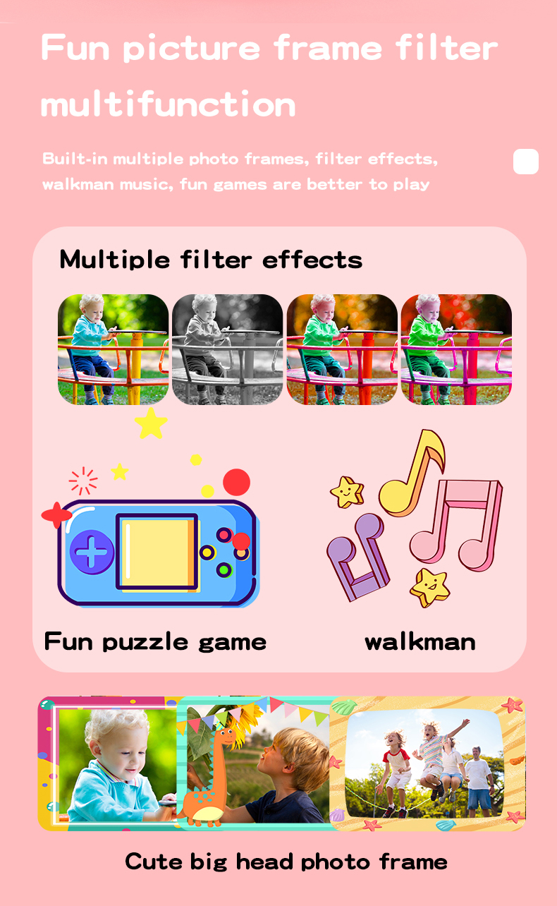 Kids Digital Camera Unicorn Pattern Silicone Drop Protection HD Video CCD MicroSD 9600W Dual Front Rear Cameras IPS Screen