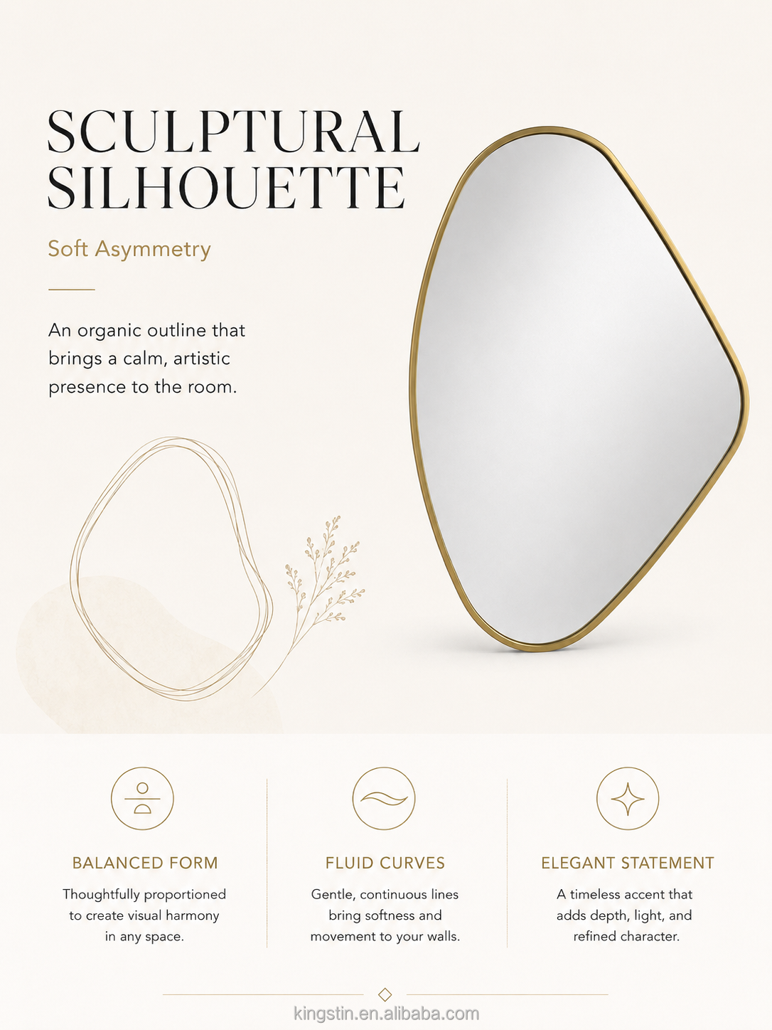 Kingstin Custom Irregular LED Bathroom Mirror, Asymmetrical Backlit Vanity Mirror, Gold Frame Pebble Wall Mirror