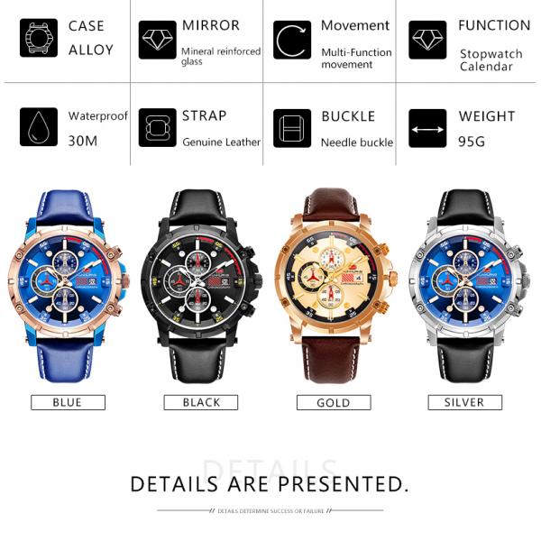 Quartz Movement Case Diameter 47mm Leather Wrist Watch