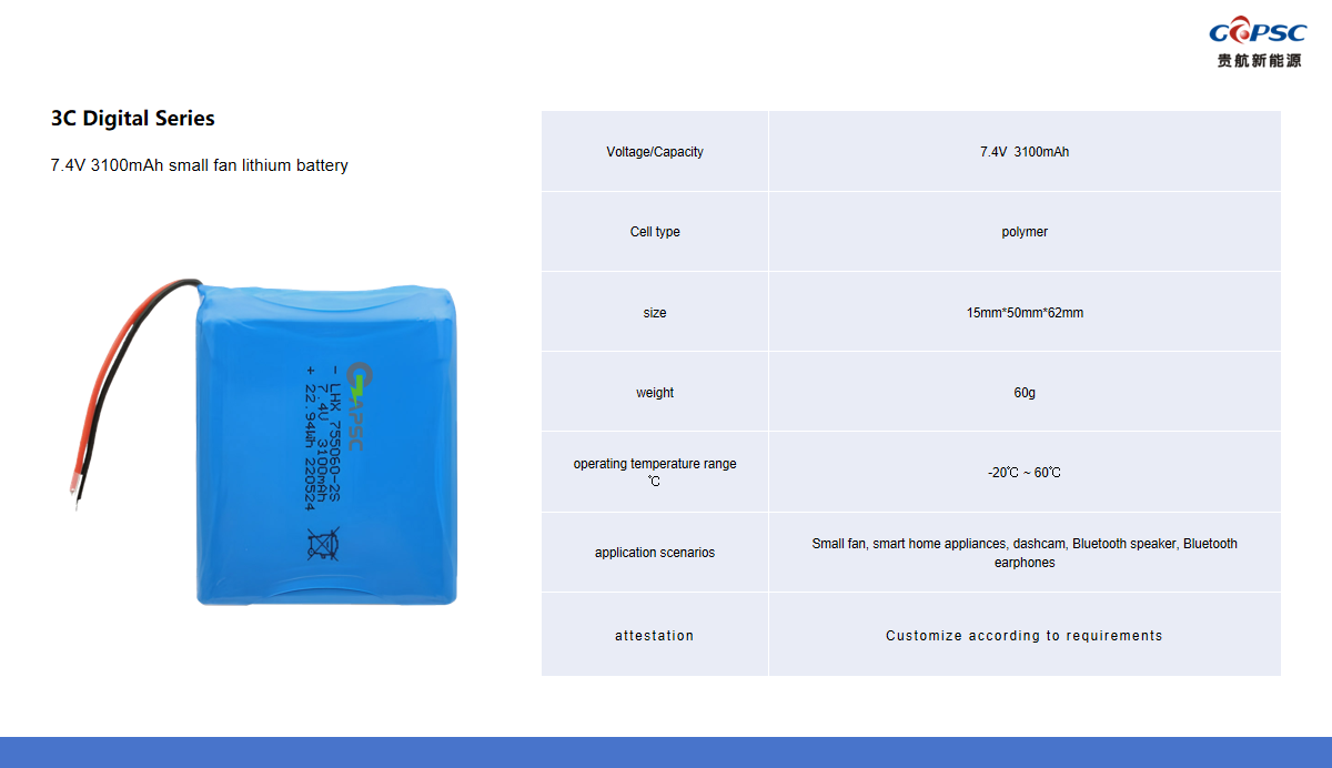 7.4V 3100mAh smart home lithium battery