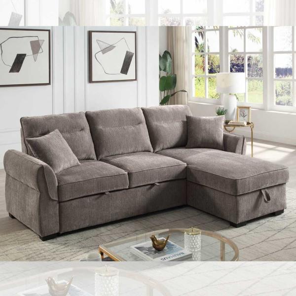 L-Shaped Reversible Sectional Sleeper Sofa with Pull-Out Bed and Storage, Brown Chenille