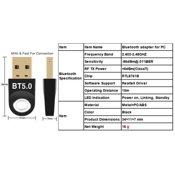 3Mbps USB 5.0 Bluetooth Adapter For PC Windows 10 / 8.1 / 8