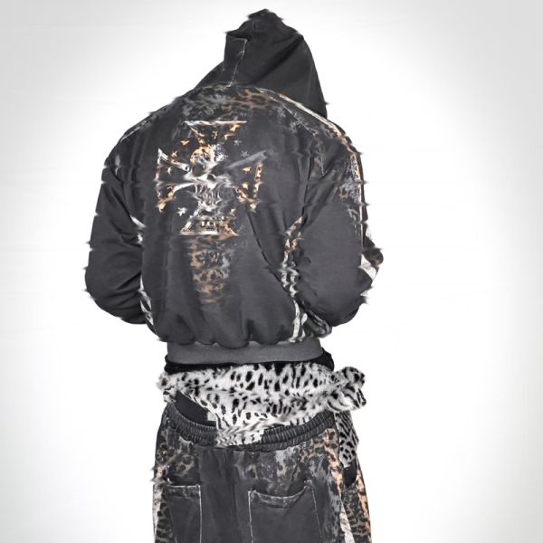 Custom Gradient Leopard Print Digital Printed Striped Hooded Sweatshirt Set Wide Zippers 100% Cotton Washed Technique Winter ODM