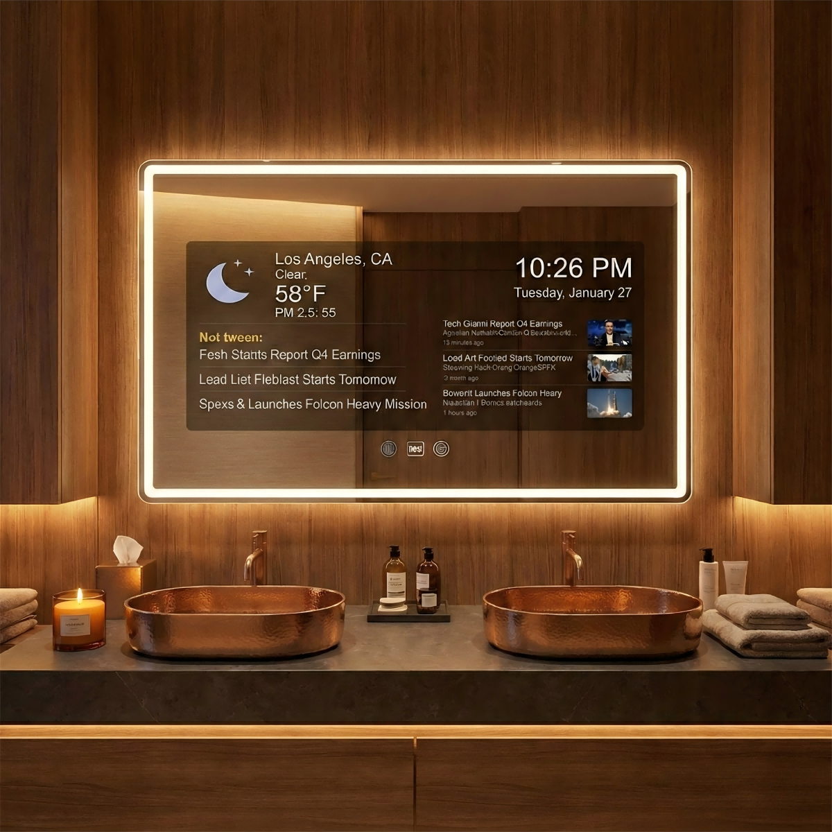 Kingstin Frameless Android Smart Mirror LED Bathroom Vanity Mirror with Touch Screen Display, WiFi Bluetooth Anti-Fog
