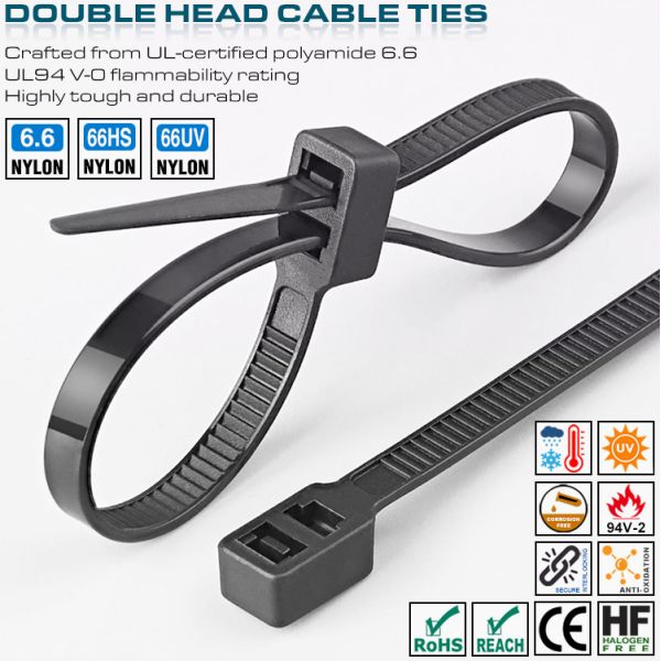 Double-Head Plastic (Nylon 6.6 / PA 6.6) Cable Tie 300x4.8mm, Double-Loop Type, 50 Lbs, UL94 V-2, Versatile Use Double-Head Plastic (Nylon 6.6 / PA 6.6) Cable Tie 300x4.8mm, Double-Loop Type, 50 Lbs, UL94 V-2, Versatile Use