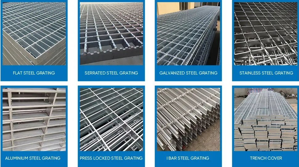 Serrated steel grating product illustration showing detailed serration patterns and structural design