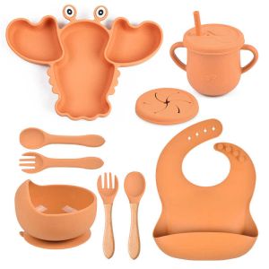 Quality Orange Baby Silicone Feeding Set BPA Free Suction Weaning Set for sale