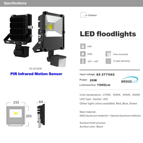 20W PIR Infrared Motion sensor Waterproof IP65 LED Floodlight Parking lighting