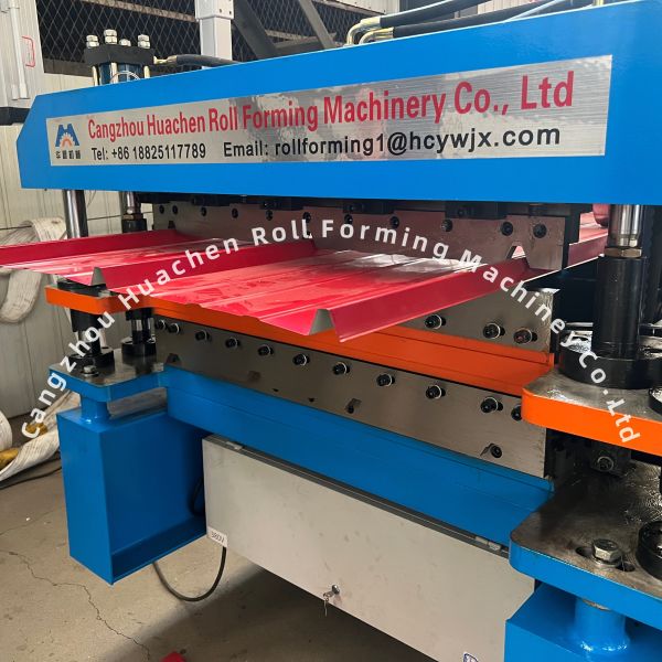 Glazed tile trapezoidal double sheet roll forming machine operation view