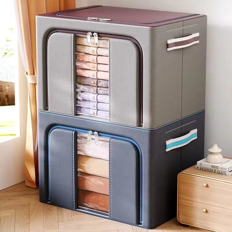 Wholesale Custom Large Capacity Foldable Bedding Storage Box Stackable Steel Frame Fabric Storage Box