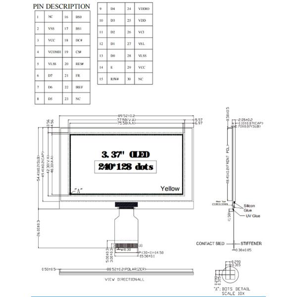 3.37 inch yellow/green PMOLED display 240*128 dots 3/4-wire SPI interface driving IC SSD1322