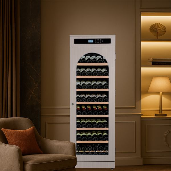 Modern Light Beige Solid Wood Kitchen Wine Cooler with Digital Control Panel and Arched Glass Door