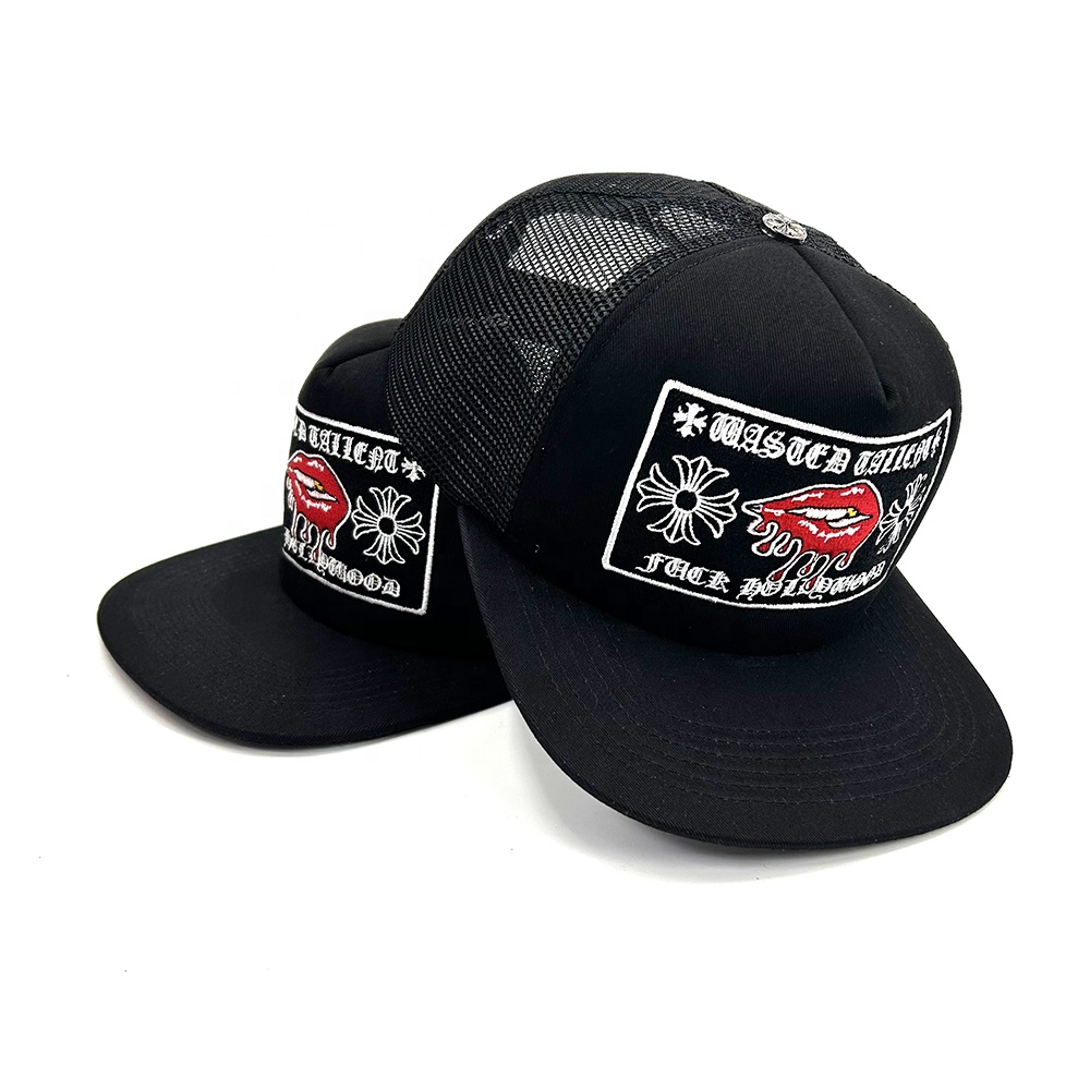 Cotton Foam 5 Panel Trucker Hat Flat Brim Embroidered Patch Snapback Cap