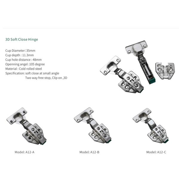 A12-A 35mm Cup Cabinet Door Hinge Soft Close 3D Adjustable 105 Degrees