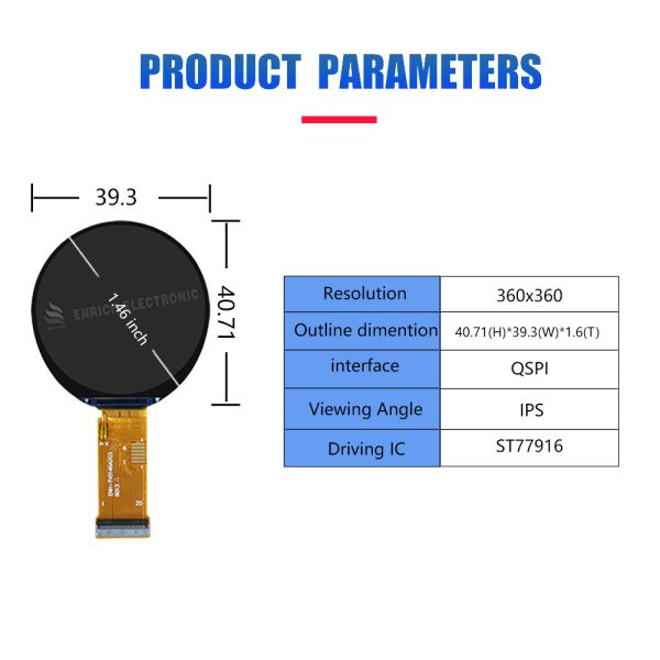 1.46 Inch Round IPS TFT LCD Display with 360x360 Resolution and ST77916 Driver