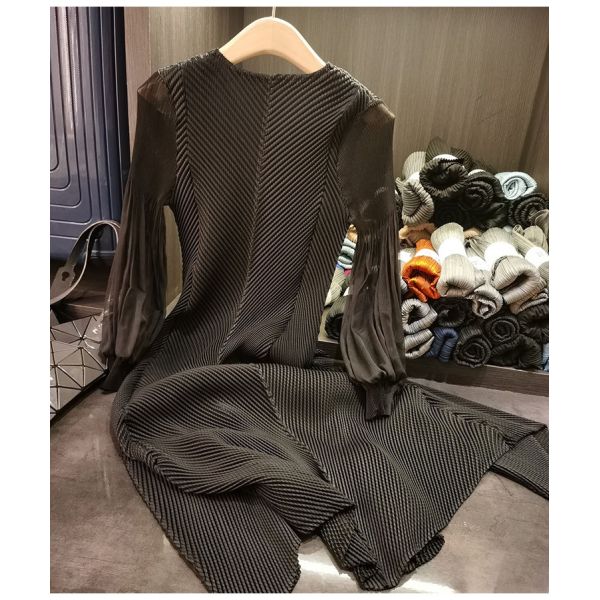Versatile Design Solid Color Long Sleeve Midi Plus Size Fish Scale Pleated Slimming Three-Dimensional Front Button New Stylish