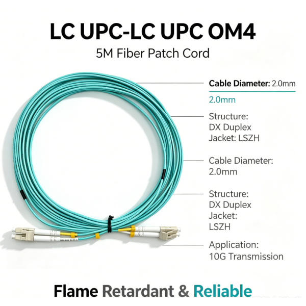 Low Insertion Loss Enterprise Storage Fiber Patch Cable With Dual Lcupc Ends , Om4 Dx 2.0mm Jacket 5m Length