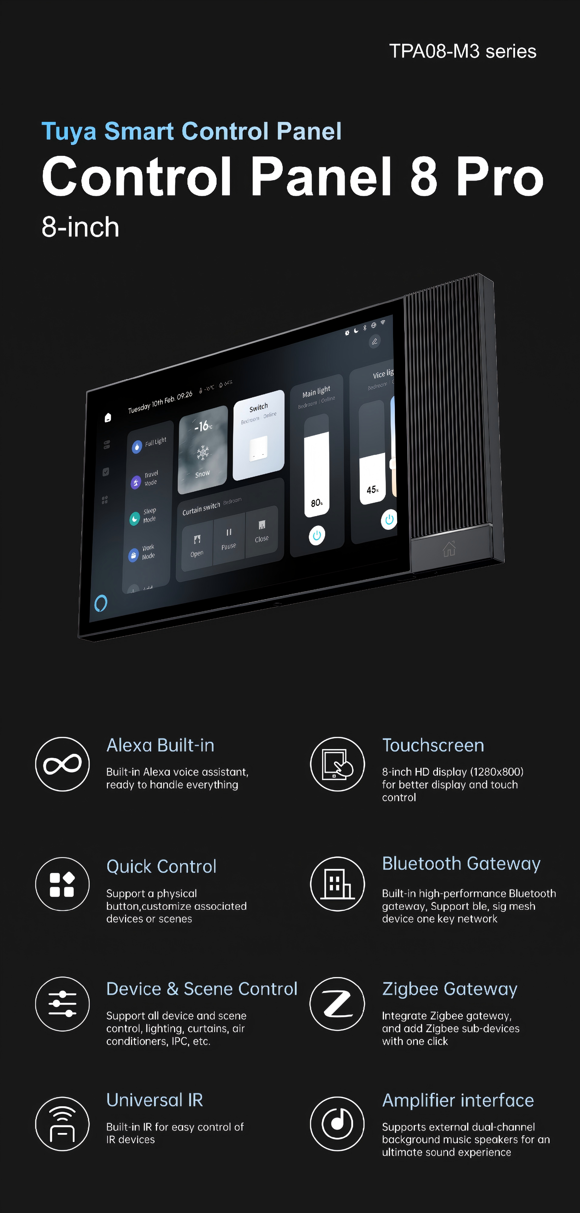 8" Smart Panel: Built-in Alexa, Zigbee Gateway, Music System, 2+16G