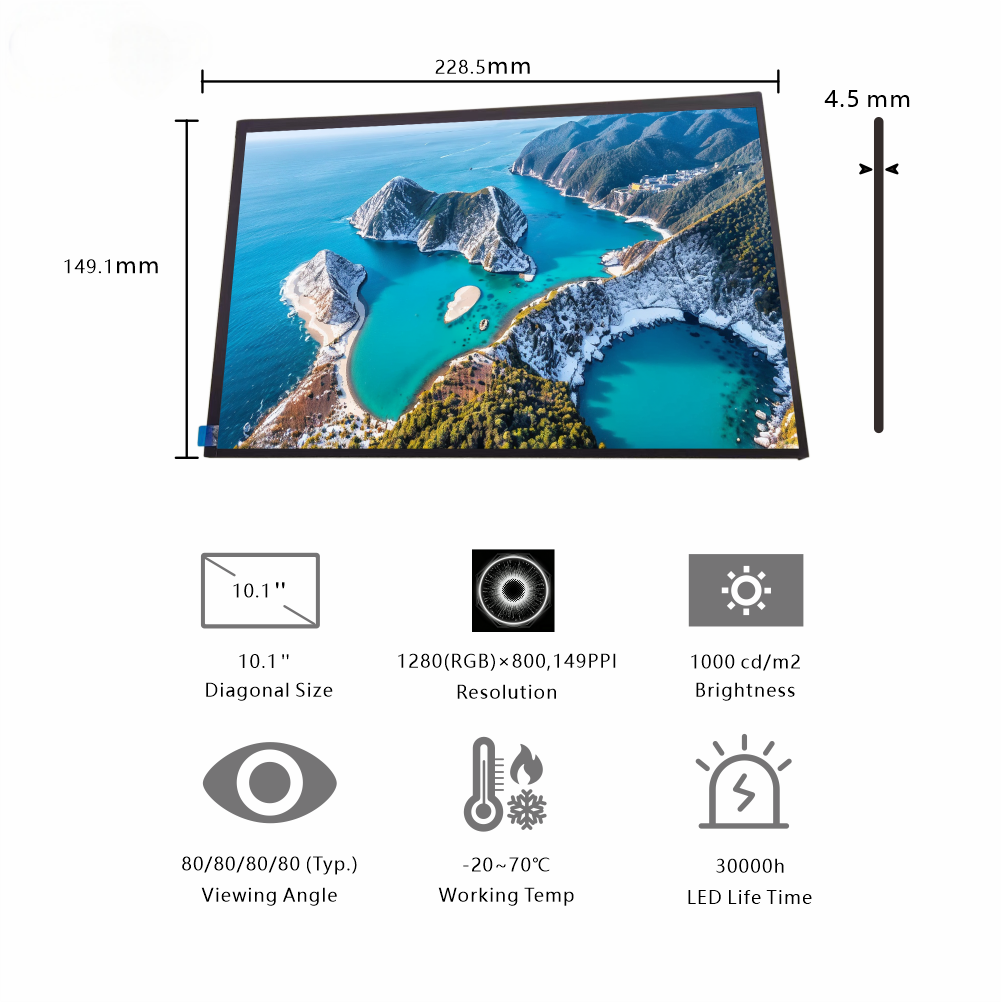 10.1-Inch Large Industrial Widescreen Display | 1920×1200 Resolution, LVDS Interface, 1000cd/m² High Brightness for High-Light Workshops & Precision