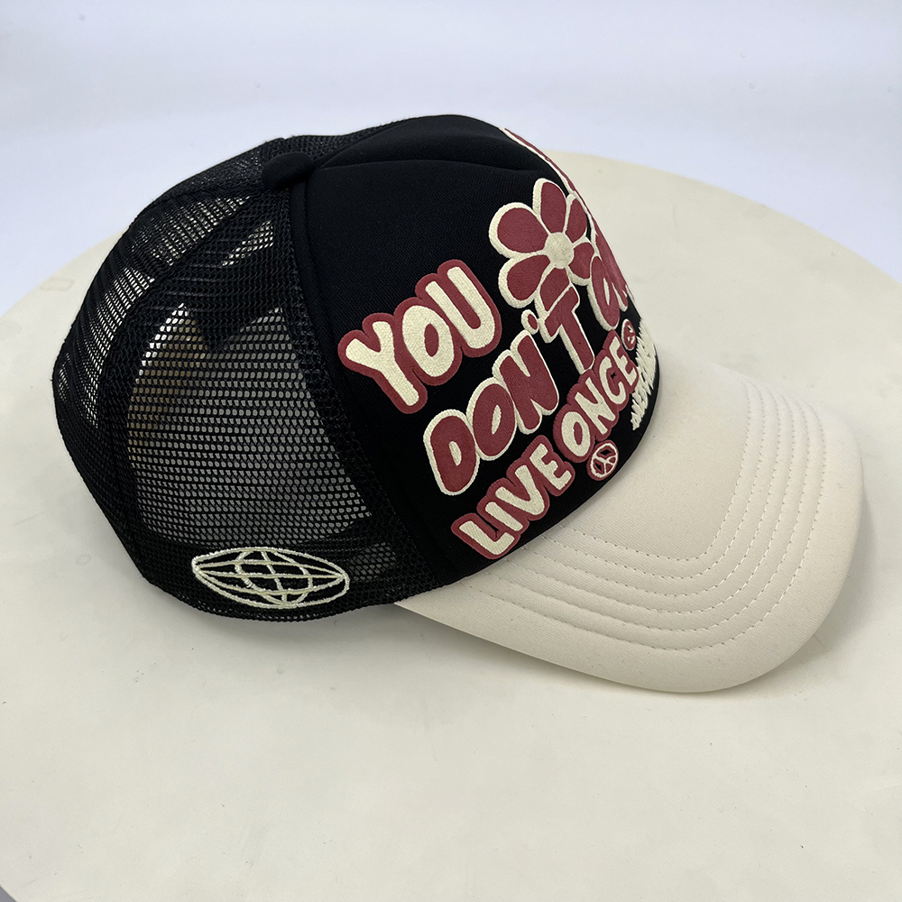 Printed Foam Mesh 5 Panel Trucker Cap Puff Printing Snapback Structured Cap