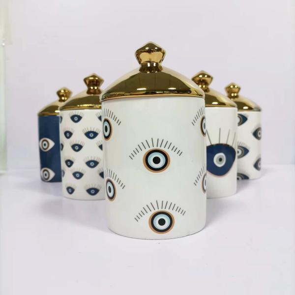 Eye Pattern Candle Ceramic Containers With Letterpress Printing Gravure Printing