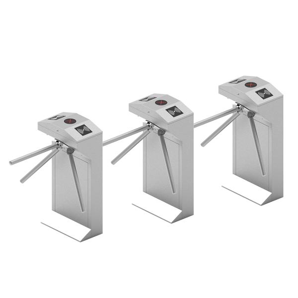 Close-up view of tripod turnstile mechanism and access control integration points