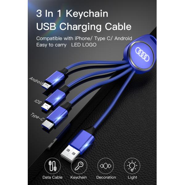 Portable Nylon Fast Charging 17cm Keychain USB Cable With LED Light