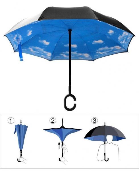 hands free C shape handle stamped flower picture reversible inverted umbrella for car
