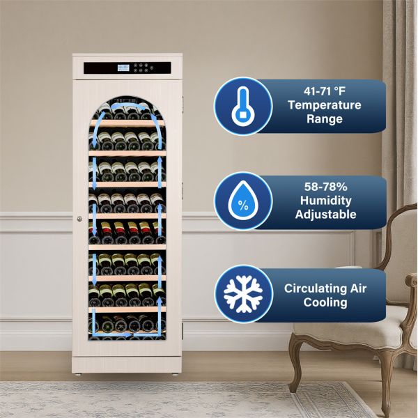 Modern Light Beige Solid Wood Kitchen Wine Cooler with Digital Control Panel and Arched Glass Door