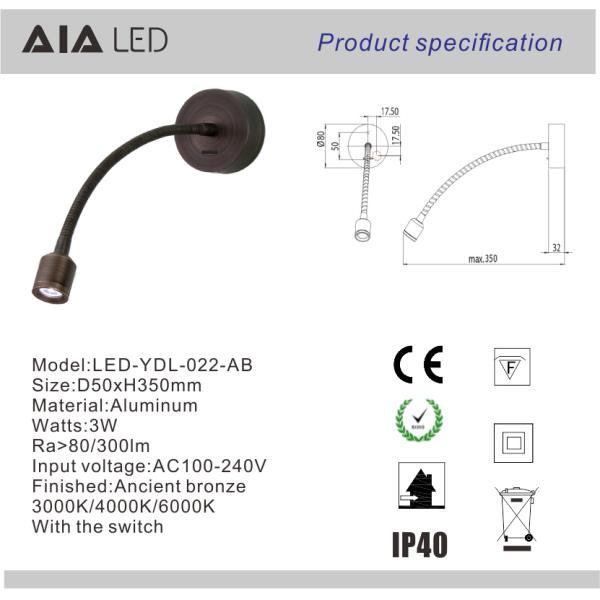 Surface mounted inside gooseneck reading light 3W led reading wall light bedside wall light