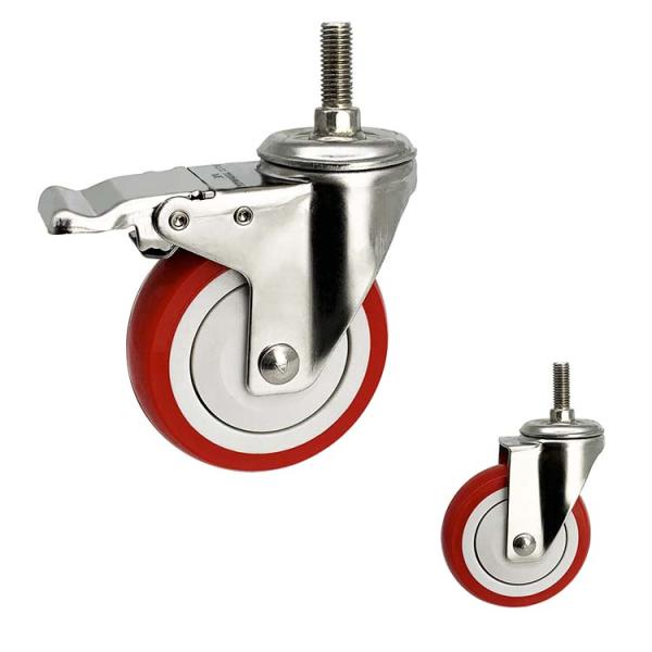 Customize Stainless Castor Wheels 4" Soft Red Wheel Medium Duty PU Threaded Stem Total Lock Casters