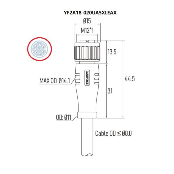 Unshielded Sensor Actuator Cable M12 Connector A Coded Female 8 Pin