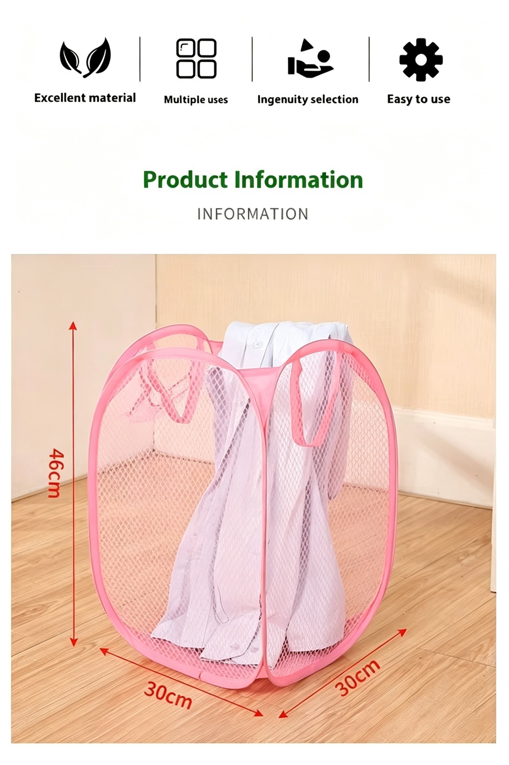 Collapsible Mesh Laundry Baskets Foldable Clothes Storage Hamper with Side Pocket