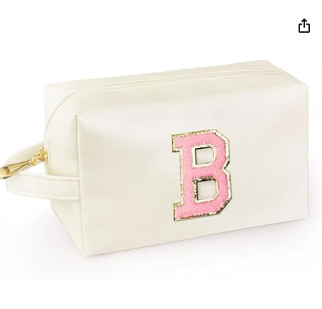 Personalized Initial Makeup Bag with Handle, Preppy Cosmetic Bag with Inner Zipper Pocket, 8 9 10 11 12 13 14 Years Old Girl, Graduation Gifts for