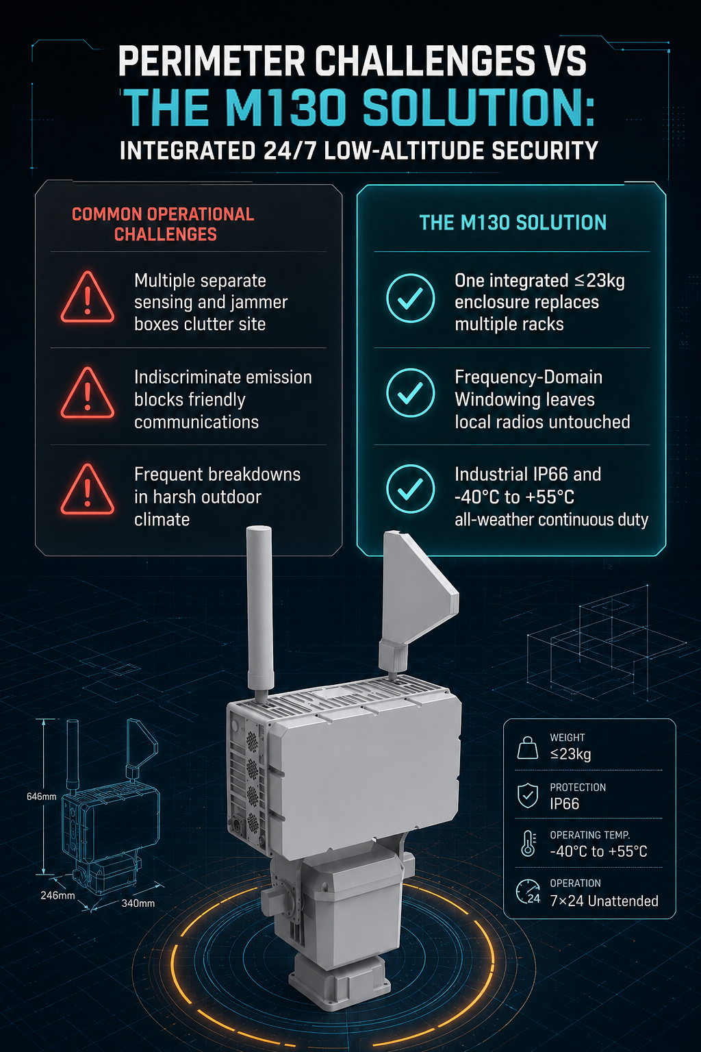 Fixed Airspace Security jammer System 4km RF spectrum sensing device 300-6000MHz RF Spectrum Sensing & 3km RF jammer IP66