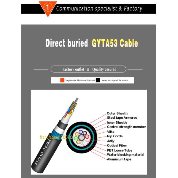 Singlemode Multimode Fiber Optic Cable GYTA53 12 24 48 64 96 Core For Communication