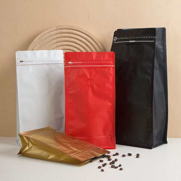 Custom Printed Black Edge Gusseted Stand-Up Pouch Eight Side-Sealed Zipper Flat Bottom Food-Grade Plastic Coffee Packaging Bags