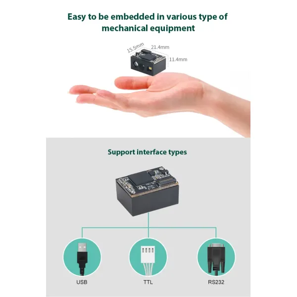 Compact 1D 2D Barcode Scanner Module with Global Shutter and 21.35mm L *15.50mm W * 11.40mm H Dimensions