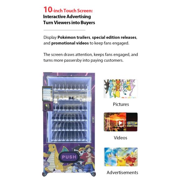 Compact 10-Inch Screen Vending Machine With Customized Stickers for Pokémon & TCG Card Sales
