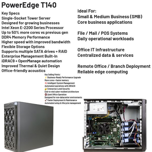 Dell PowerEdge T140 Tower Server with Intel Xeon E-2200 Processor, 4x DDR4 DIMM Slots, and 4 x 3.5" Drive Bays
