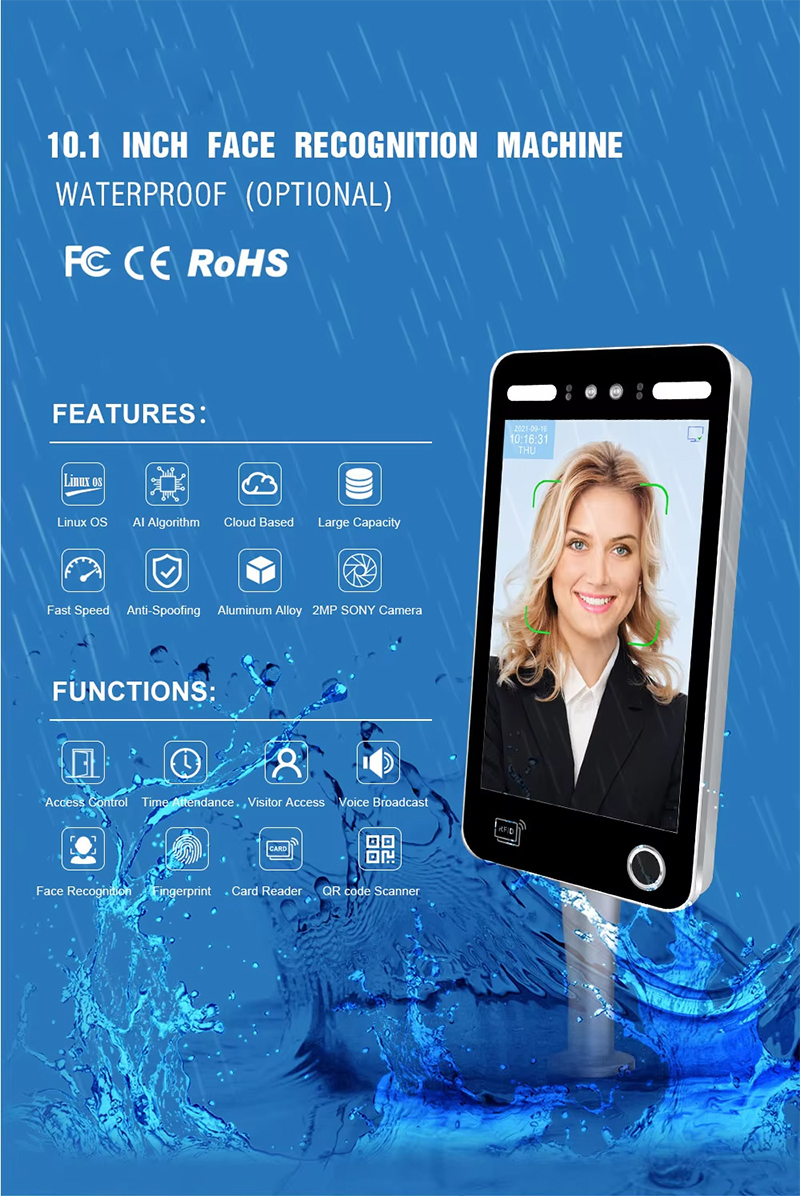 10.1 Inch Touch Screen Biometric Web Api Face Recognition Terminal Access Control System