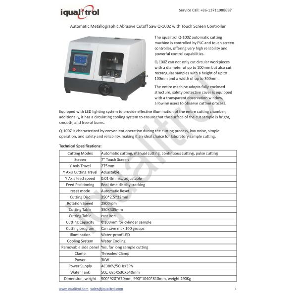 Automatic Metallographic Abrasive Cutoff Saw Q-100Z with Touch Screen Controller