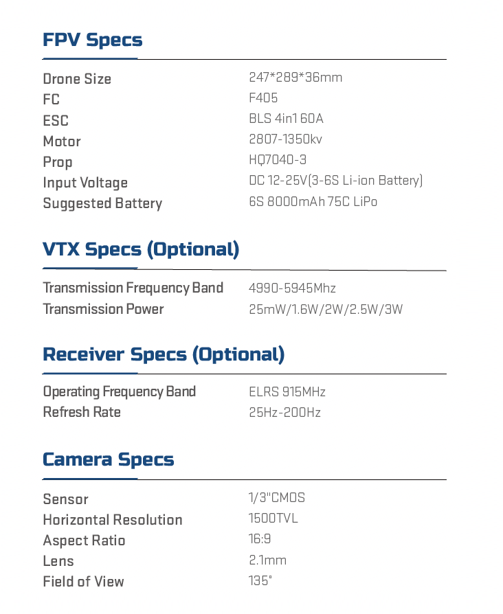 7-inch FPV drone with a 5kg total weight professional racing model with a flexible payload capacity of 2.5kg