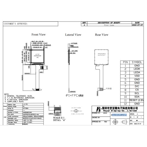 1.3 Inch 240x240 IPS TFT LCD Display Module | ST7789V Driver | High Brightness | SPI Interface