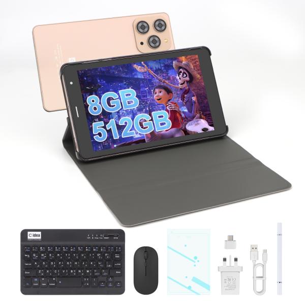 C idea 8 inch Wifi Tablet with 8+512GB Storage Quad Core Processor 800x1280 IPS Touchscreen golden CM817 Pro