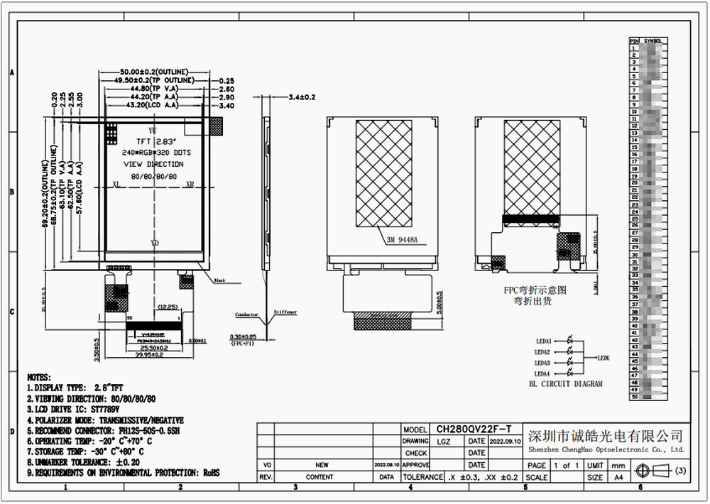 IPS LCD Module 2.8-Inch, 240x320, 80/80/80/80 Viewing Angle, Customizable