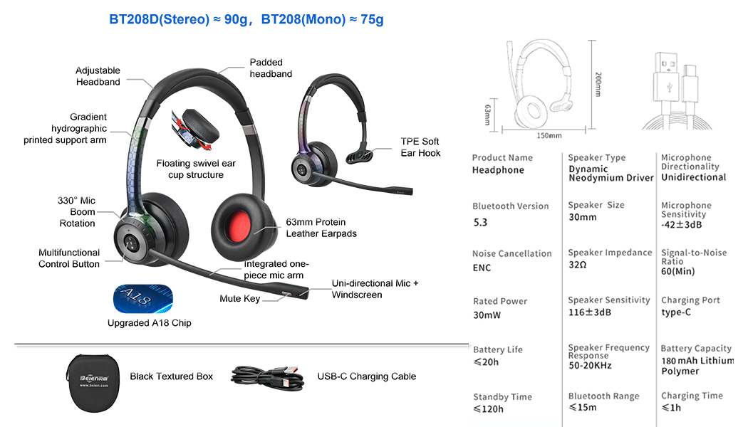 BT208 Series Wireless Bluetooth Headset, Lightweight Business Headset with Mic