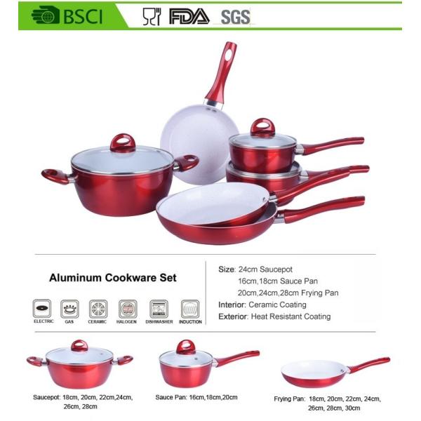 9pcs germany metallic outside coated aluminum white ceramic marble cookware set